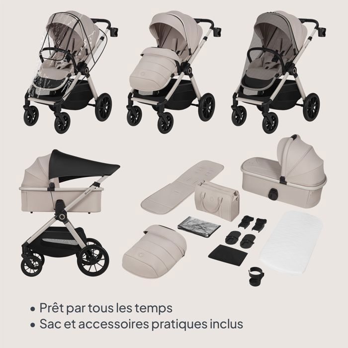 Sistema de viaje 2 en 1 LIONELO Layla - Desde el nacimiento hasta los 22 kg - Pack de cochecito doble, capazo, bolso y accesorios - Beige