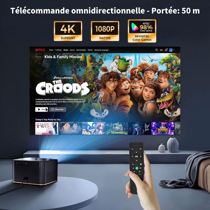 【Netflix integrado】Proyector 4K con enfoque automático y corrección trapezoidal, 30000 lúmenes, portátil, WiFi 6, Bluetooth 5.2, resolución 1080p FHD para iOS/Android