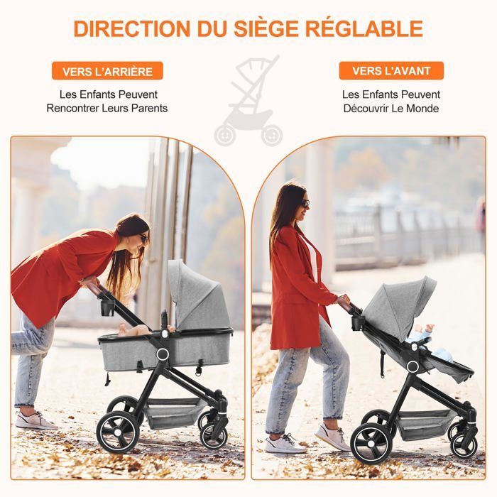 LUNSY - Poussette 2 en 1 - Jusqu'à 22 kg - Pack poussette, Nacelle - grandes roues - Haute Paysage Pliable en Un Clic - Gris