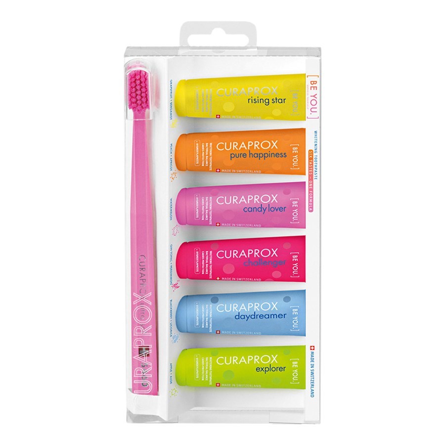 Curaprox zubná pasta [Buď sám sebou.] Skúšobná sada – Rising Star 10 ml + Pure Happiness 10 ml + Candy Lover 10 ml + Challenger 10 ml + Daydreamer 10 ml + Explorer 10 ml + CS 5460 Ultra Soft červená zubná kefka