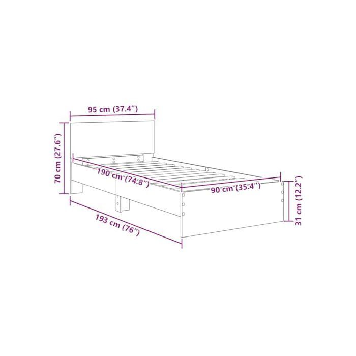 Cadre de lit en bois d'ingénierie - vidaXL - Chêne artisanal - 90x190 cm - Éclairage LED multicolore - USB