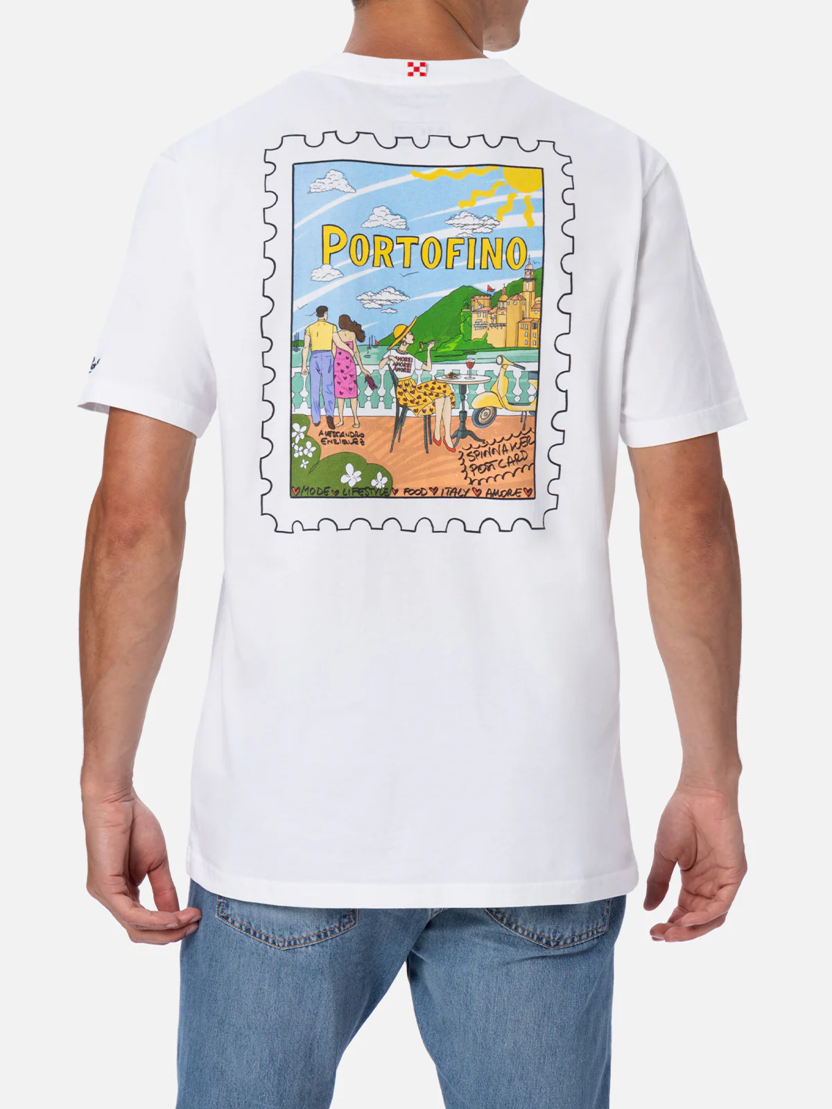 T-shirt da uomo in cotone con stampa cartolina Portofino davanti e die