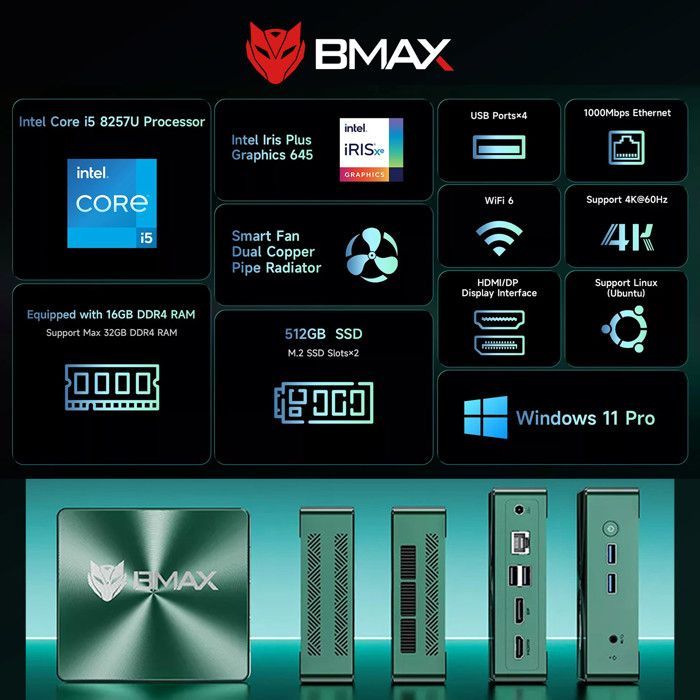 Bmax B6 Turbo Mini PC - Core i5 8257U - 16GB RAM 512GB SSD - WiFi 6 - Dual 4K Screen - Windows 11 - Compact PC