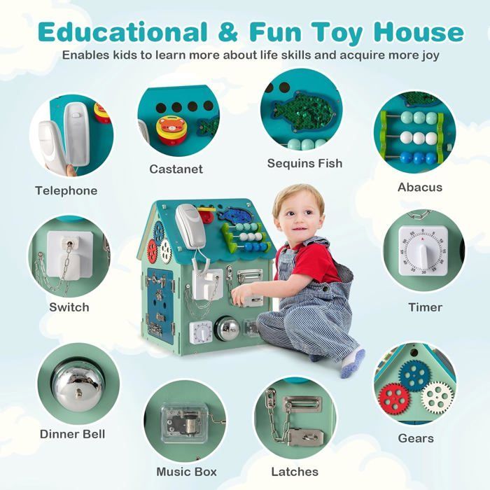 Casita de juegos infantil GOPLUS con muchos juguetes y espacio de almacenamiento, regalo creativo para niños de 3 años en adelante, azul.