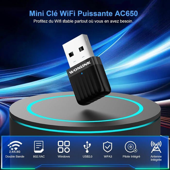 Clé USB WiFi pour PC, Nano Clé WiFi Puissante Double Bande 5G/2.4GHz Adaptateur USB WiFi, AC650 Mbps Clef WiFi USB, WPA3, MU-MIMO