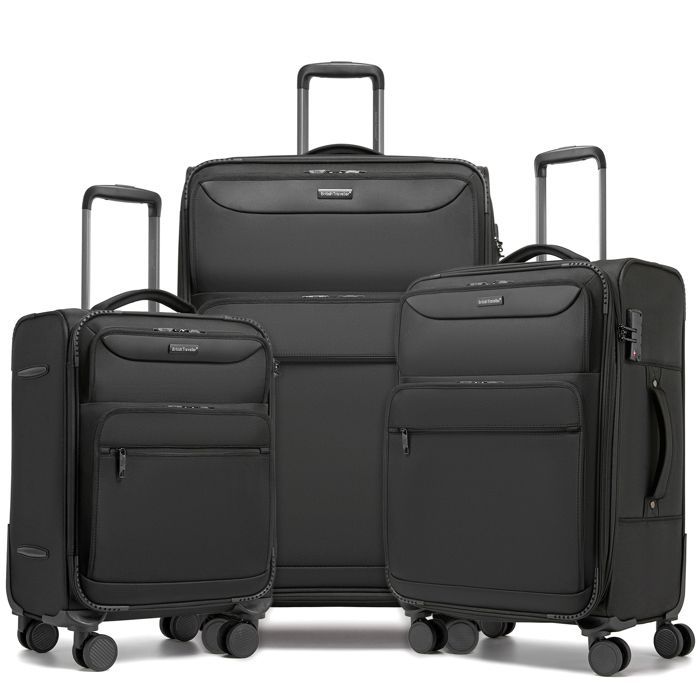 British Traveller Set de 3 Valises (57.5/68.5/79.5cm) - Valise Souples Légères et Résistantes avec 4 Roues et Serrure TSA, Noir