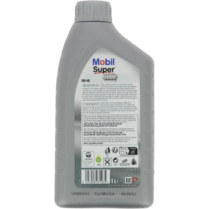 Huile moteur 5W-40 Synthétique - MOBIL - Super 3000 X1  - bidon 1L -  haute performance anti-pollution