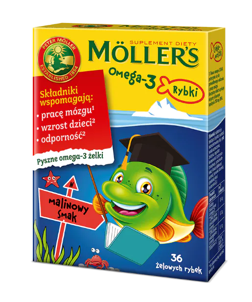 Mollers Omega-3 Rybki, Żelki z kwasami omega-3 i witaminą D3 dla dzieci, Smak malinowy