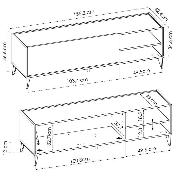 Conjunto de salón NESS: Mueble para TV + mesa de centro elevable - Melamina - Acabado en roble claro y blanco