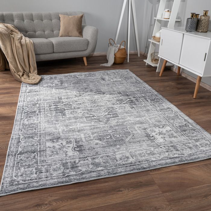 Paco Home Tapis Salon Chambre Adulte Poils Ras Motif Oriental Ornements Moelleux Vintage Gris 80x150 cm