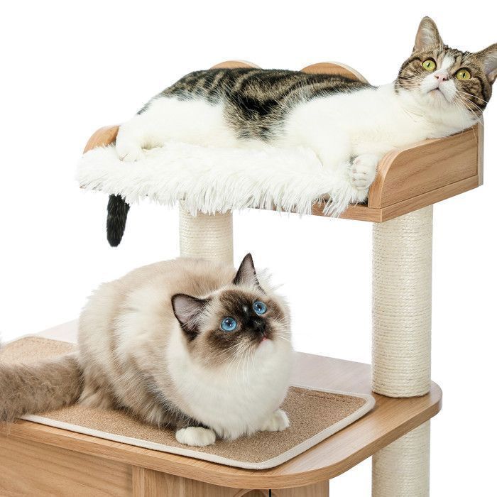 Albero tiragraffi in legno PAWZ Road Deluxe, design moderno, con palo per tirare, ampia piattaforma e grande casetta per gatti da 120 cm, colore beige.