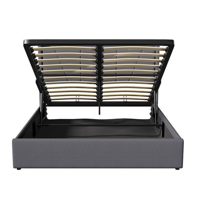 Lit coffre double 160 x 200 cm en lin gris, Lit adulte avec Prise port USB et Type-C, Rangement hydraulique, Sommier à lattes