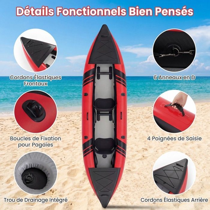 Kayak hinchable COSTWAY para 2 personas, 381x94x40cm - 2 remos de aluminio, 2 aletas desmontables, kit de reparación, bomba manual - 230kg - Rojo