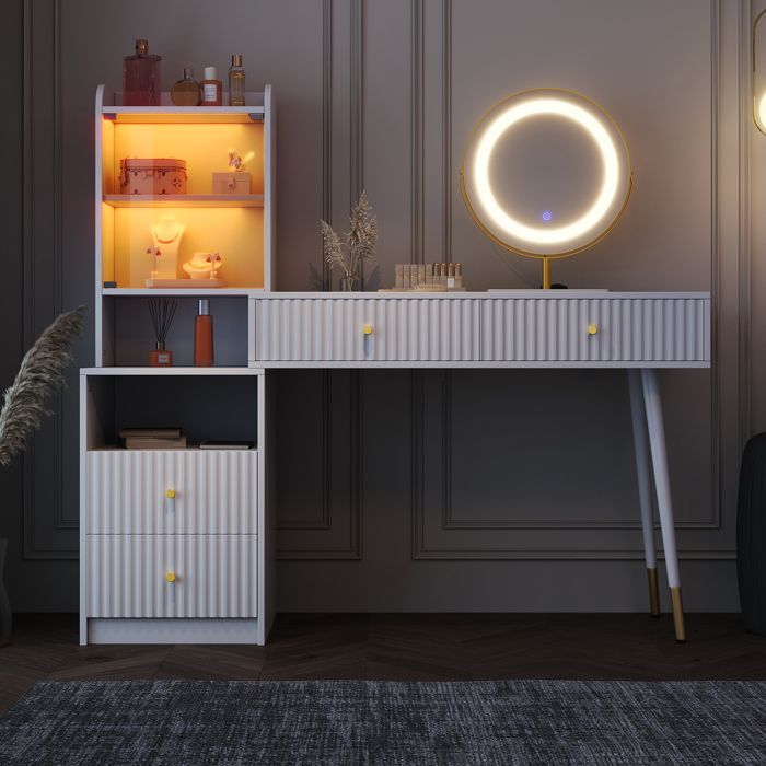 Tavolo da trucco con specchio a LED 100 x 40 x 125 cm con illuminazione RGB, 4 cassetti e 1 vetrina con anta in vetro - Bianco