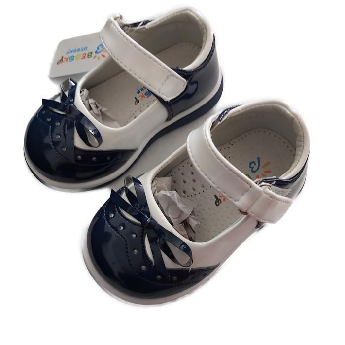 Scarpe - Bambina - Mary Jane - Scarpe a T - Pelle - Vernice - Blu navy - Bianco - Fantasia con fiocco - Taglie 24 e 25
