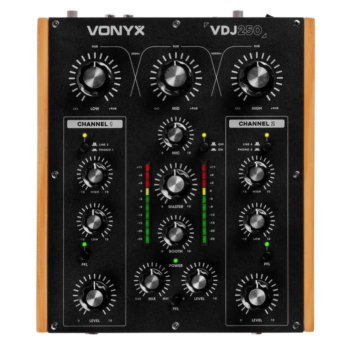 Vonyx VDJ250 - Mixer de DJ giratório de 2 canais com equalizador de 2 bandas
