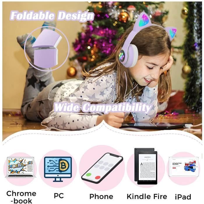 Casque Bluetooth Enfants - Mignon - Oreilles de Chat - LED Multicolores - Son Stéréo - Rechargeable