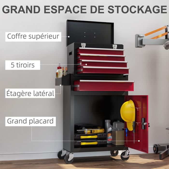 Chariot d'atelier HOMCOM Servante d'Atelier sur roulettes Chariot avec Caisse à Outils Amovible, 5 tiroirs et armoire verrouillable