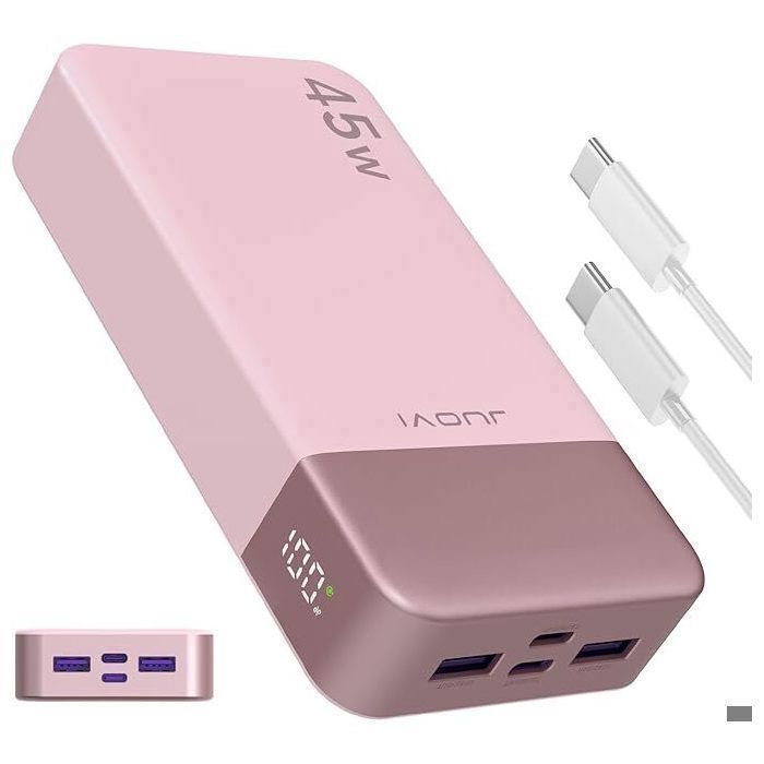 JUOVI 20000mAh 45W External Battery, Power Bank 4 USB-C PD & USB-A Ports, LED Screen, Samsung Super Fast Charge 2.0 Compatible Pink