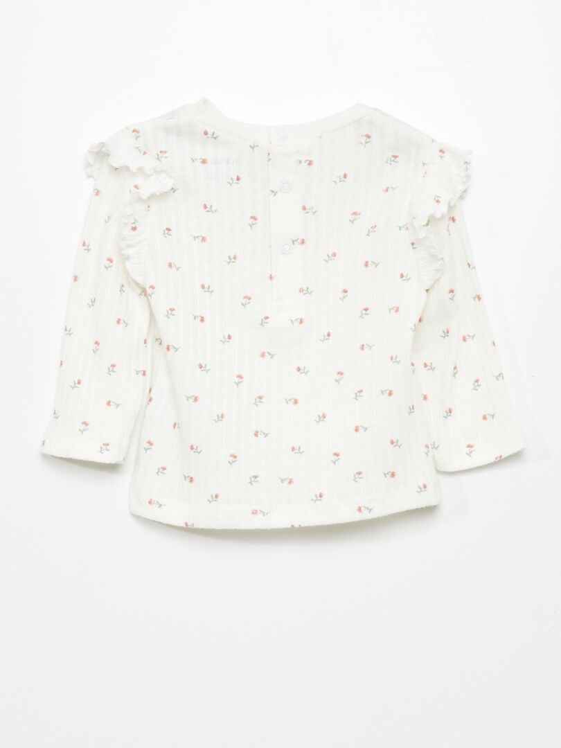 Camiseta de manga comprida com bainha canelada e babados - BRANCA