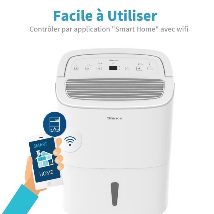 Shinco WIFI Déshumidificateur 30L-Jour, Purificateur d'air, Filter à Charbon Actif, Drainage Continu, Fonction Sèche-Linge, Blanc