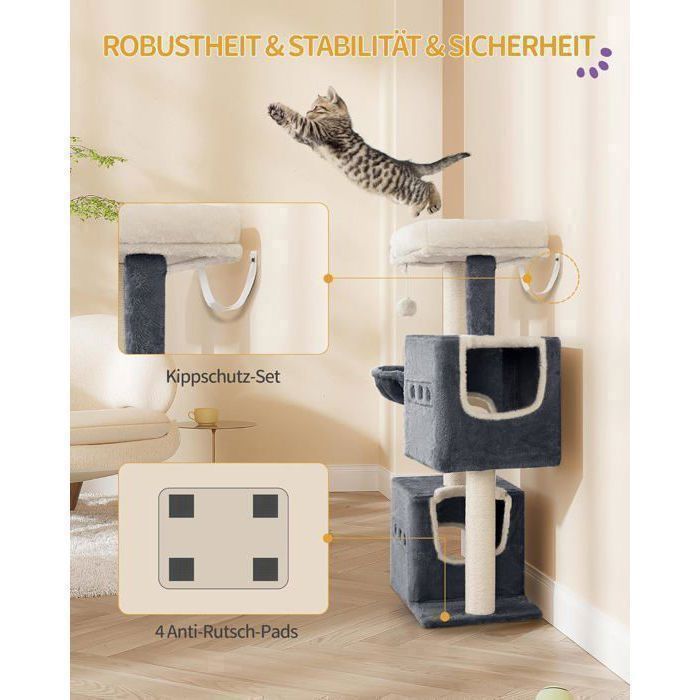 Arbre à Chat,Tour de Jeux 98 cm, Meubles de Maison pour Chats avec 2 Niches, Grande Plate-Forme, Sisal Griffoir, Hamac, Gris Foncé