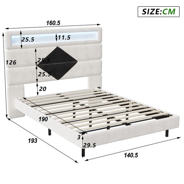 Cama doble de 140x190 cm - Beige - Iluminación LED - Cabecero ajustable - USB integrado