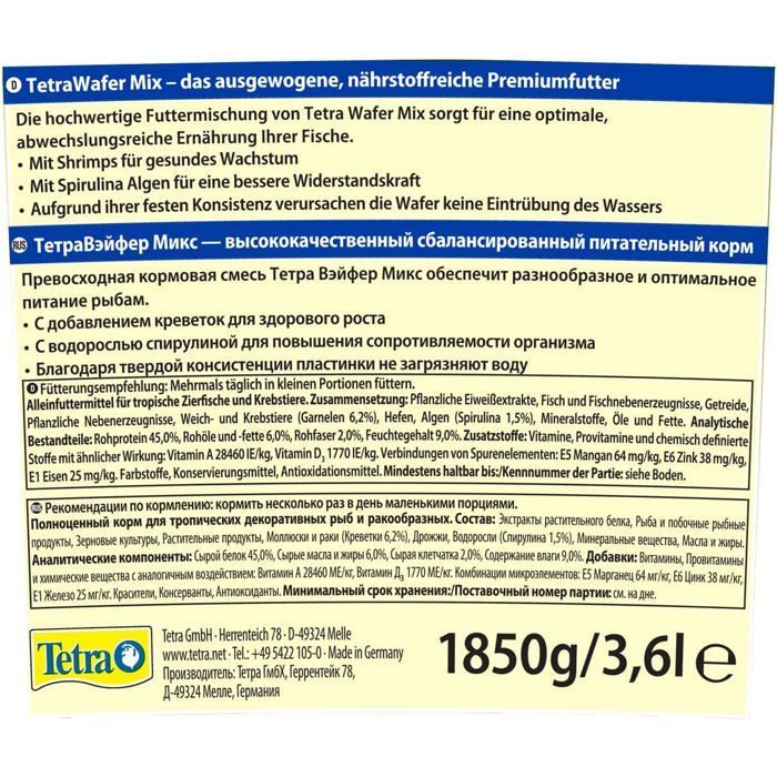 Futter für bodenlebende Fische und Krebse - TETRA - TetraWafer Mix - 2 Waffeln - Spirulina - Feste Waffeln