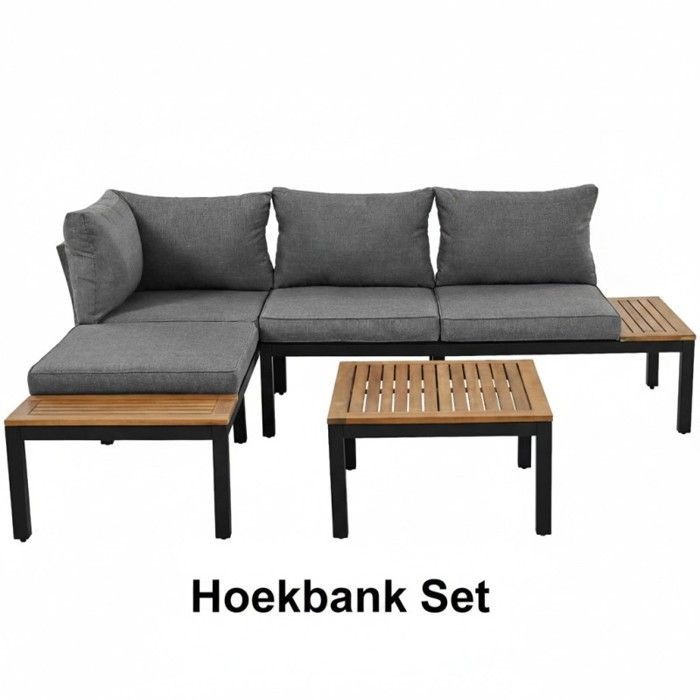 LANGTU 5-Piece Garden Furniture Set - Solid Acacia Wood - Galvanized Steel Frame - Removable Grey Cushions
