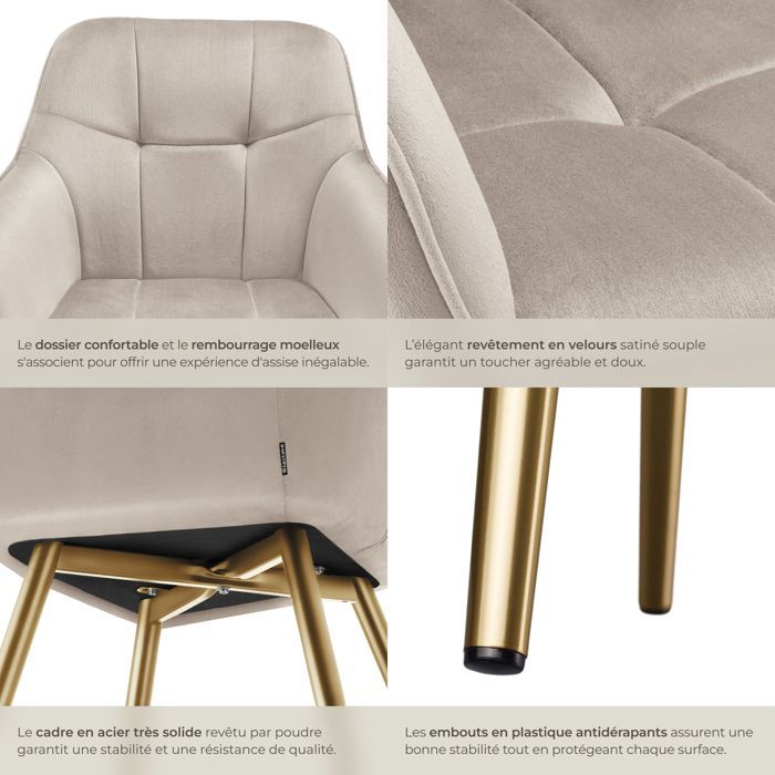 Silla - TECTAKE - Silla de comedor MARYLIN en aspecto de terciopelo con patas de acero dorado - Topo/Dorado