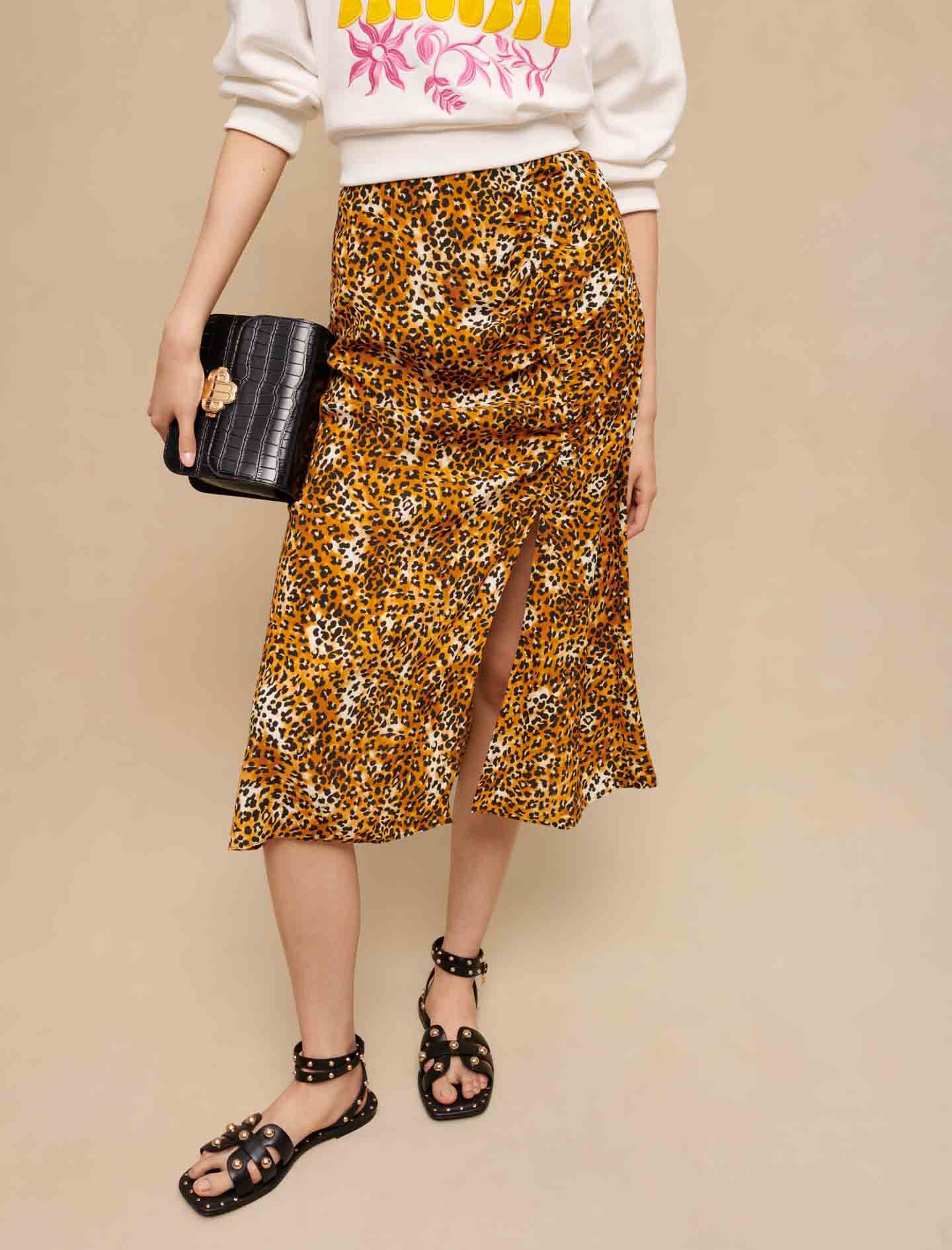 Falda midi met estampado de luipaard-luipaardbeige