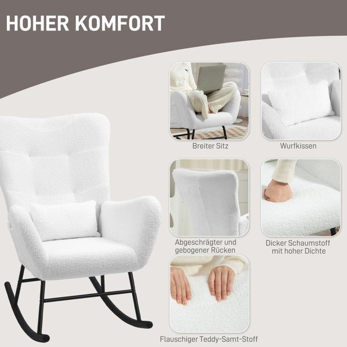 Mecedora blanca de felpa con reposabrazos y cojín lumbar, bolsillo lateral y deslizadores de madera. Ideal para sala de estar, dormitorio y lactancia.