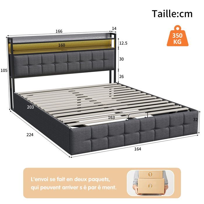 Cama con almacenamiento de 160 x 200 cm, cama de 160 x 200 con somier de láminas, cama para adultos con puerto USB y LED, estructura de cama con cabecero, color gris, lino.