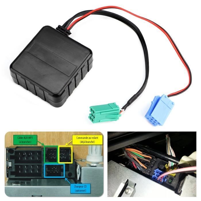 Cable de audio auxiliar AUX - Renault - Compatible con varios modelos - Bluetooth - Alta calidad - Negro