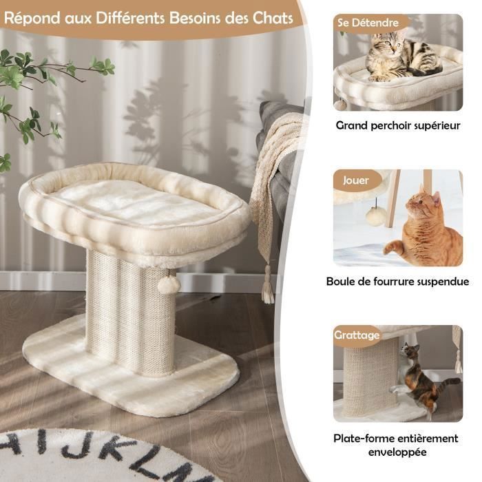COSTWAY Arbre à Chat en Forme de Tour 50CM-Lit Grand Perchoir en Peluche-Pompons Suspendus-Tour à Gratter en Sisal pour
