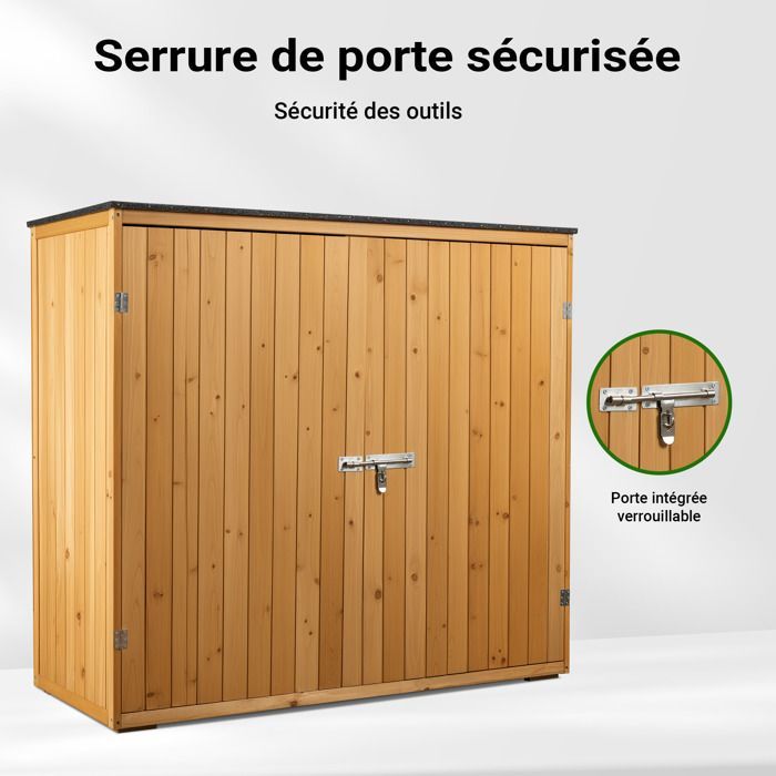 Wiltec Abri de jardin – 1360 x 580 x 1270 mm – en bois verni – avec Toit revêtu par PVC et 2 portes – Cabane Remise pour rangement o