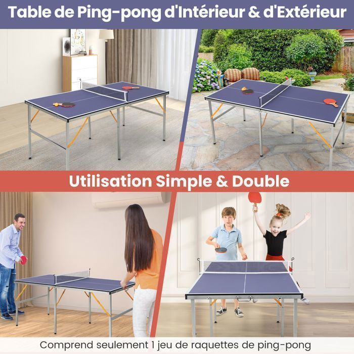 Mesa de ping-pong plegable COSTWAY - 166x83cm - 2 paletas de goma, 3 pelotas - Patas ajustables - Premontada