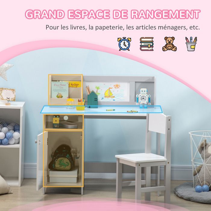 Ensemble table et chaise pour enfant - HOMCOM - avec tableau blanc - bureau pour enfant +5 ans 90L x 45l x 85H cm Gris