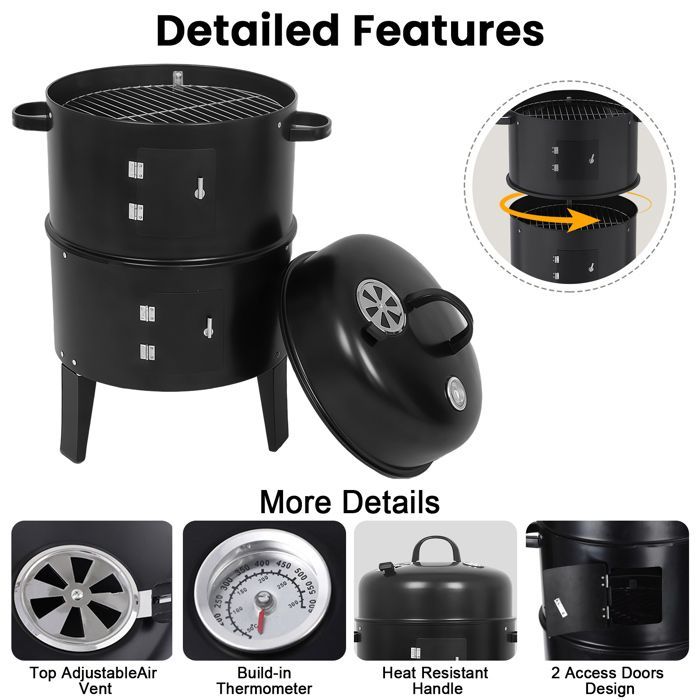 Defumador a lenha para churrasco, defumador em formato de barril com termômetro, defumador 3 em 1 para festas ao ar livre e acampamentos.