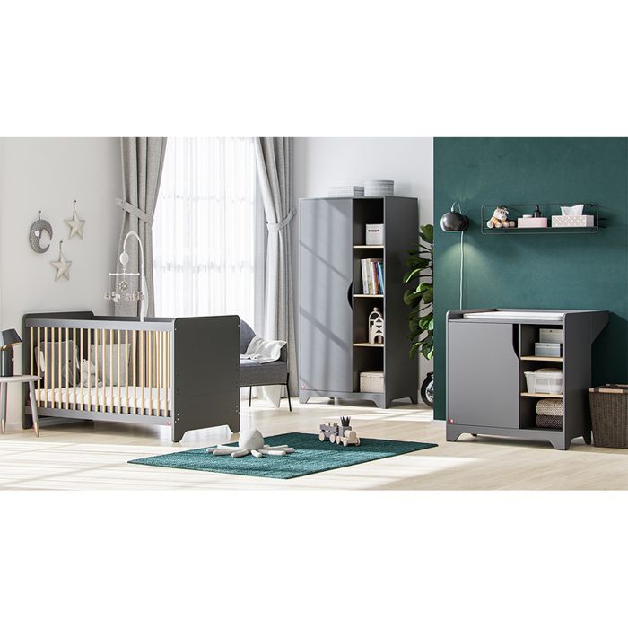 Complete bedroom set including baby cot, changing table, and 1-door wardrobe in Vox Leaf Grey and wood