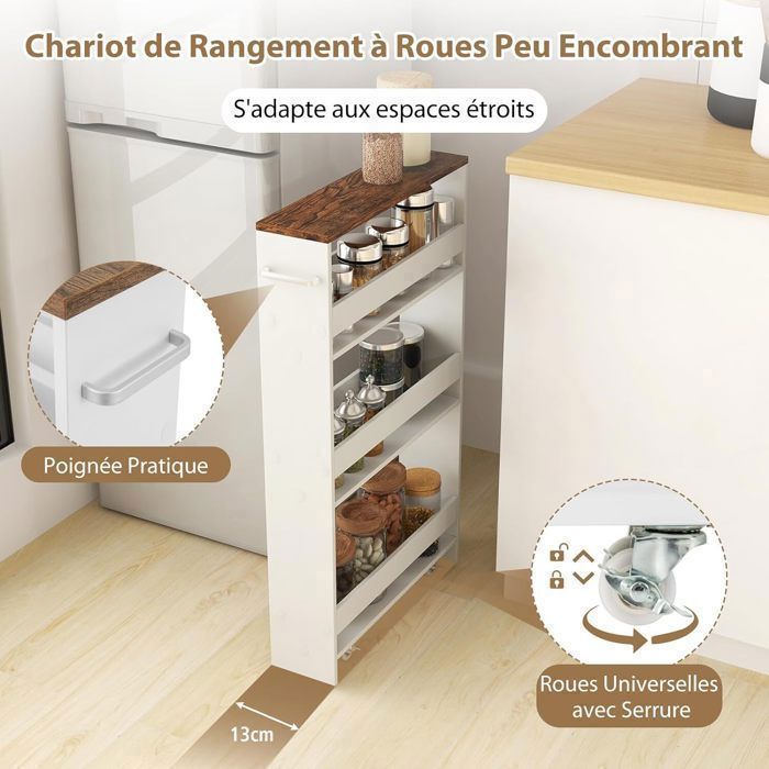 Carrito de cocina estrecho GIANTEX con ruedas y frenos - 47,5 x 13 x 80,5 cm - Carrito de servicio de 4 niveles con asa - Blanco