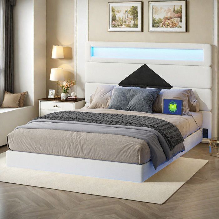 Tweepersoonsbed 140x190 cm - Beige - LED-verlichting - Verstelbaar hoofdeinde - Geïntegreerde USB-aansluiting