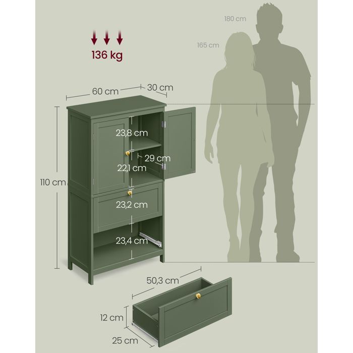 Mobiletto da bagno - MDF - Verde foresta - 2 ante - 2 cassetti - Ripiani regolabili
