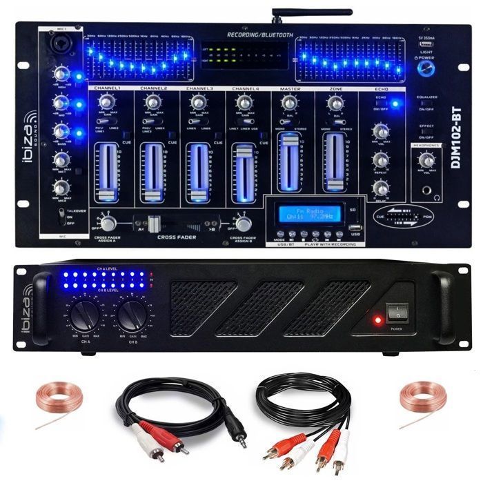 DJ Pack Sono Amplifier Ibiza Sound AMP300-MKII 480W - Bluetooth Mixer DJM102-BT USB Jack XLR - RCA Jack speaker cables included