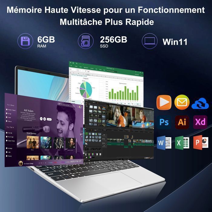 Ordinateur Portable - Win11- PC Portable -14 Pouces-1080p FHD - RAM 6Go+Stockage256Go SSD - Expansible 1TB-2.4G+5G WiFi-Argent