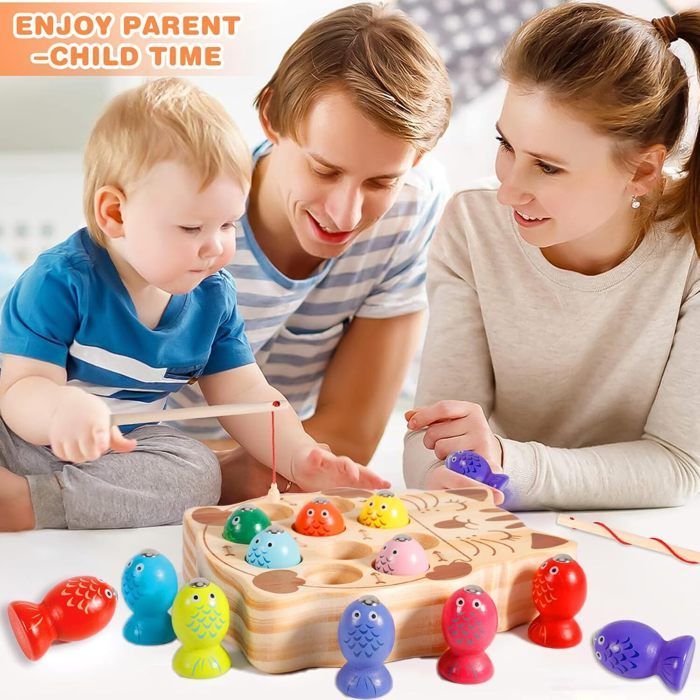 Jeux de pêche en bois - Montessori - 2 ans - Jouet éducatif - Sûr et non toxique - Mixte