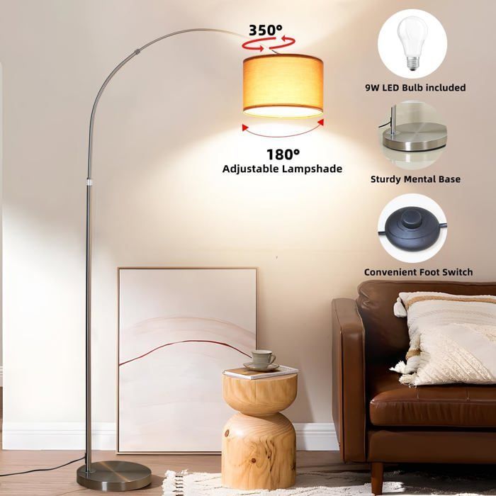 ANTENLICHT Sølvbrun buegulvlampe, E27 LED, Stue, Dæmpbar, Vintage, Til soveværelse og hotel