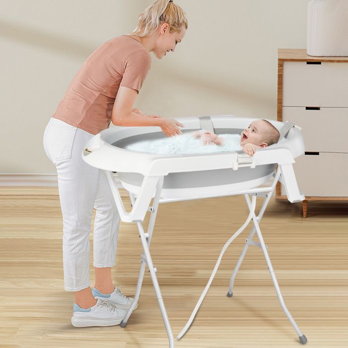 Bañera para bebé MIPAN con soporte - Bañera ergonómica para bebé - Con cojín - Drenaje integrado - 63*60*84,5 cm - Gris