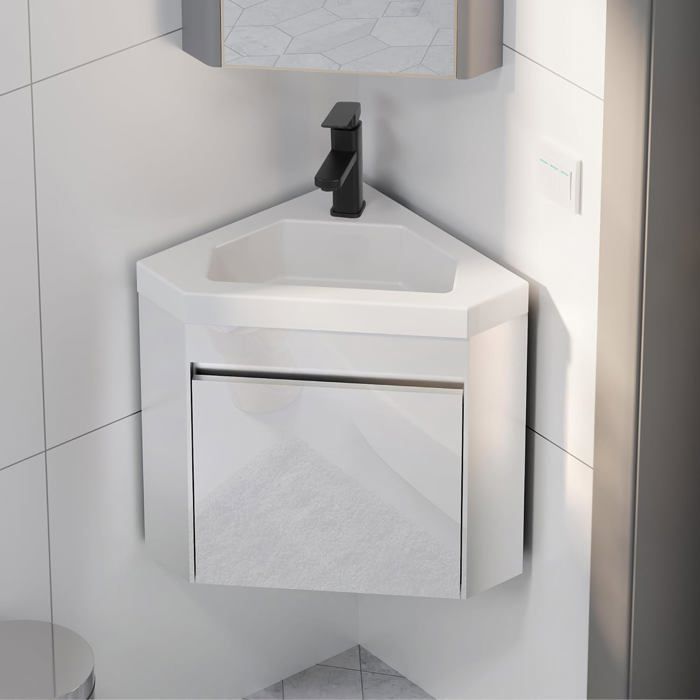 GOOBUY 56cm Hoekwastafelmeubel met kraan, opbergkast, hoekbadkamermeubel, klein wandkastje, wit