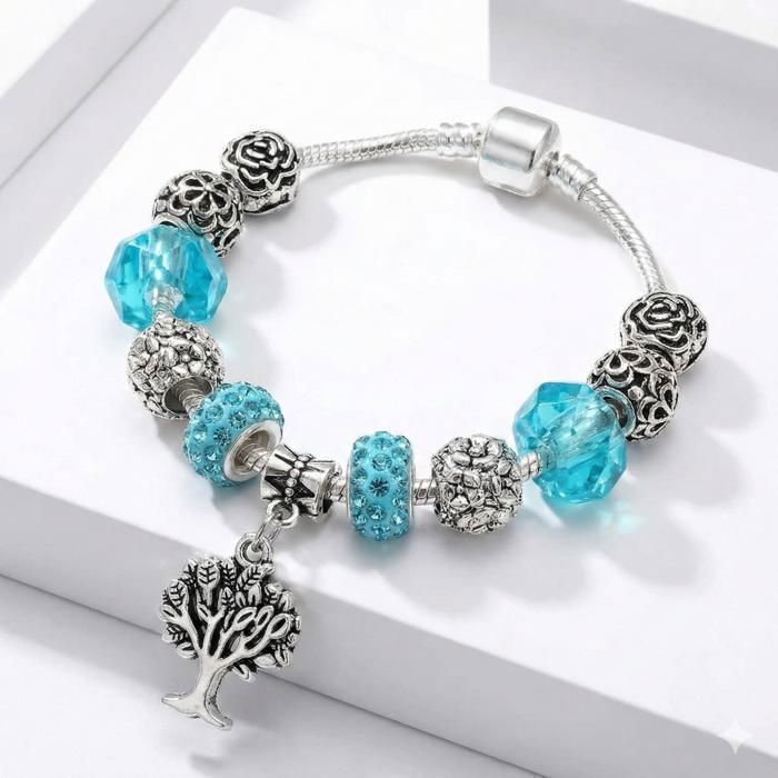 Pulseira feminina com corrente de cobra, desenho da Árvore da Vida, em tons de azul-turquesa e detalhes prateados, 18 cm.